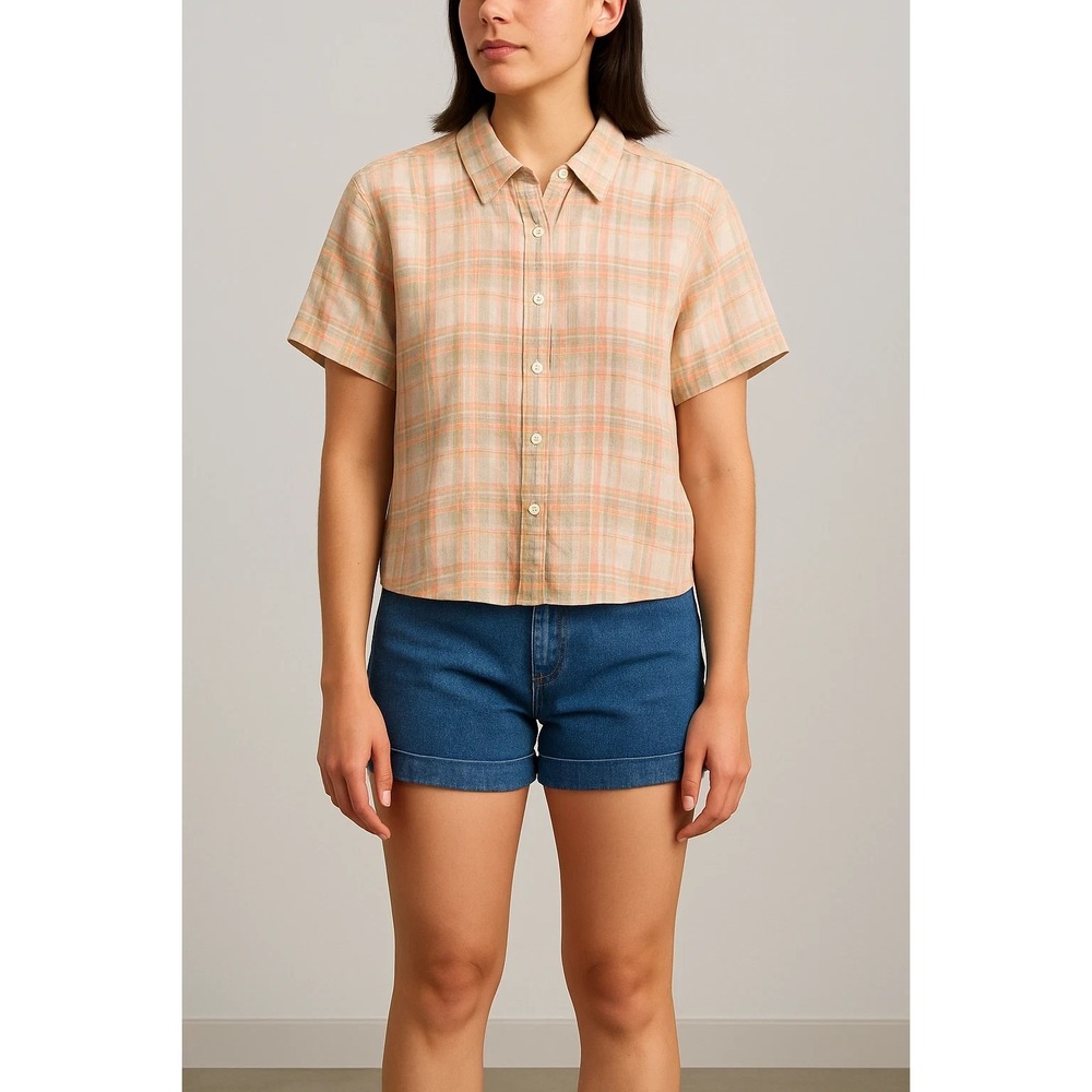 Pendleton size L Plaid Blouse Top 100% Linen Button Shirt short sleeve